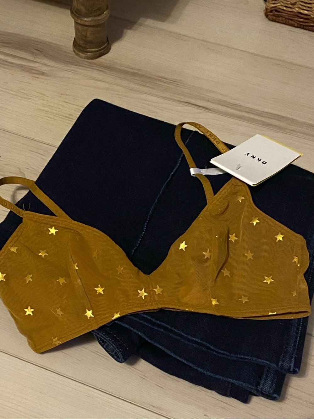 DKNY Mustard Yellow Gold Metallic Star Mesh Bralette Women’s Size M